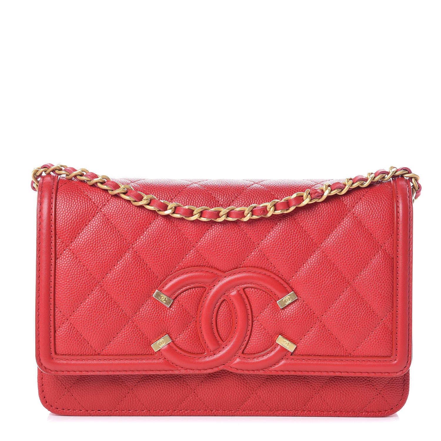 Chanel Caviar Quilted CC Filigree Wallet On Chain WOC Red 1 of 11