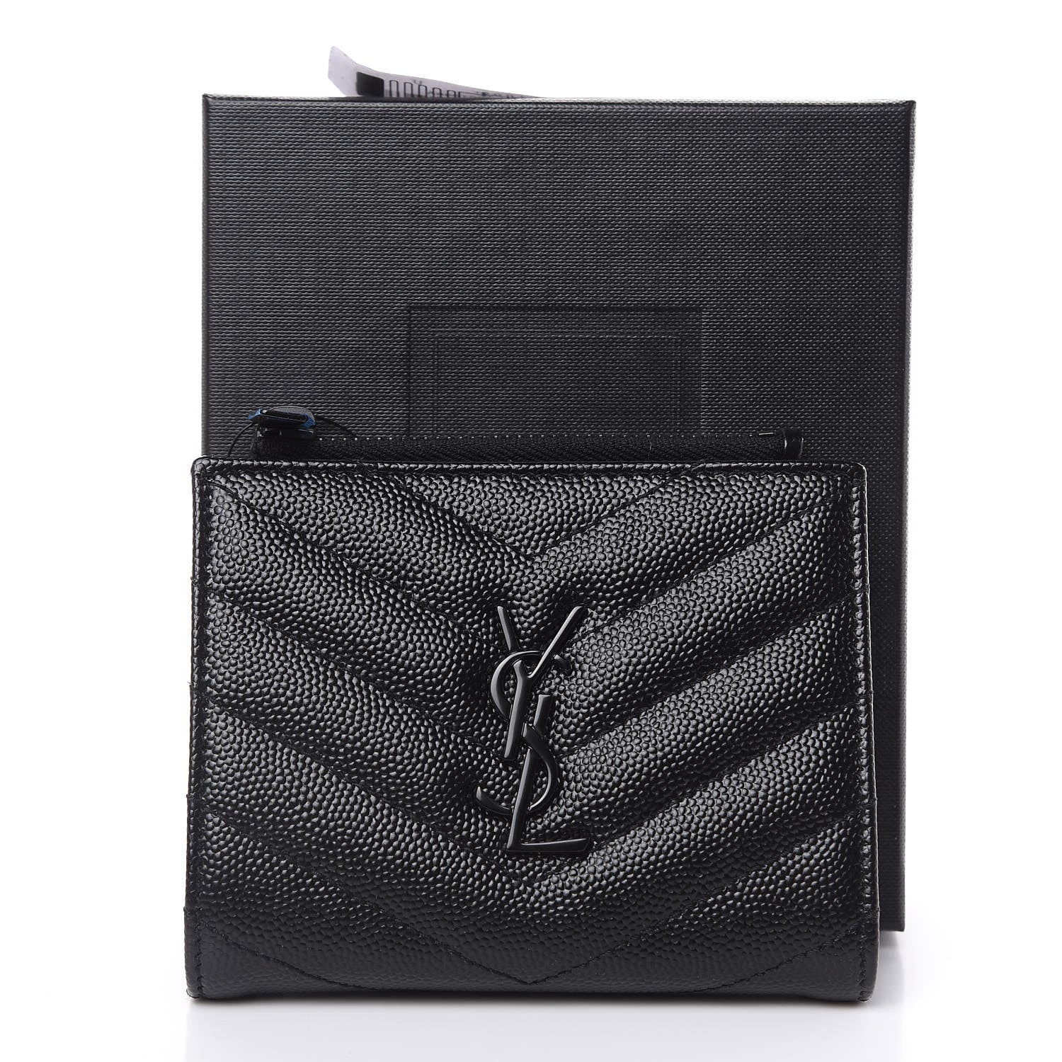 Saint Laurent Grain De Poudre Matelasse Chevron Monogram Zipped Card Case Black 7 of 7