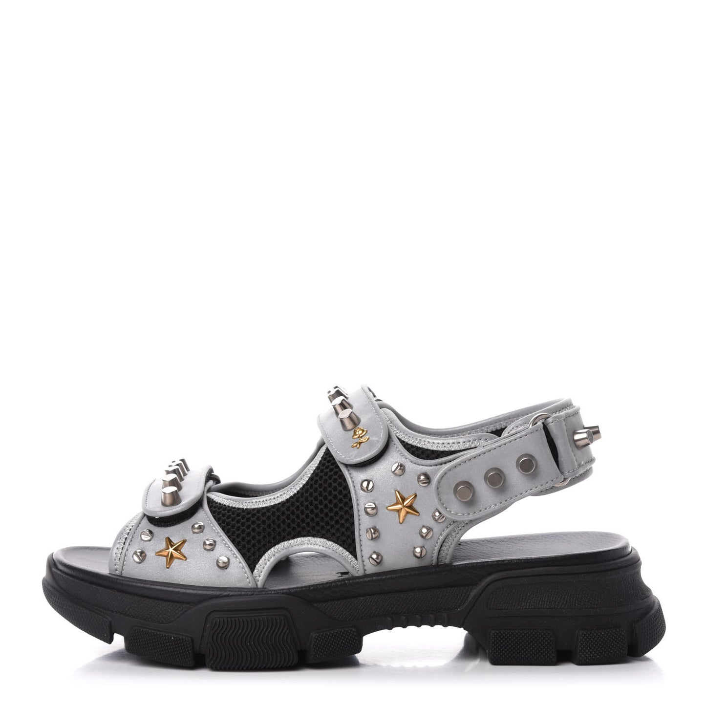 Technical Canvas Calfskin Reflective Studded Mens Aguru Sandals 9 Silver Black