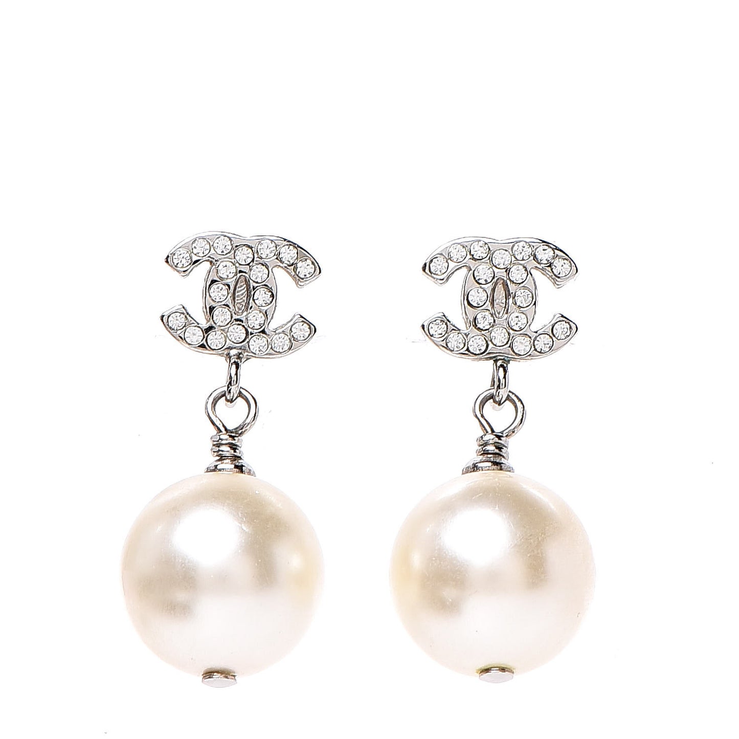 Crystal Pearl CC Drop Earrings Silver Pearly White