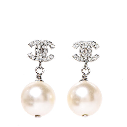 Chanel Crystal Pearl CC Drop Earrings Silver Pearly White 1 of 5