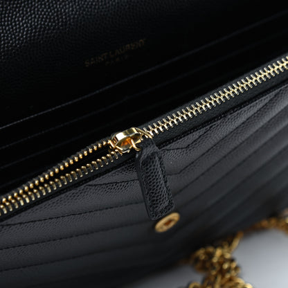 Saint Laurent Grain De Poudre Matelasse Chevron Monogram Envelope Chain Wallet Black 13 of 17