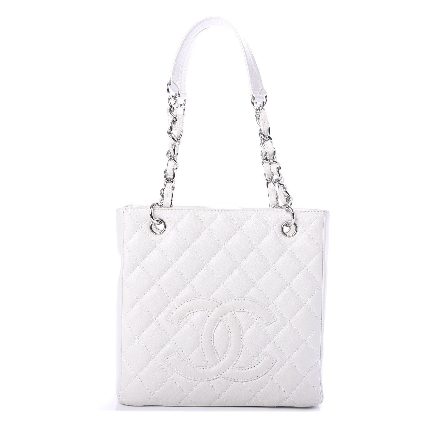 Caviar Quilted Petit Shopping Tote PST White