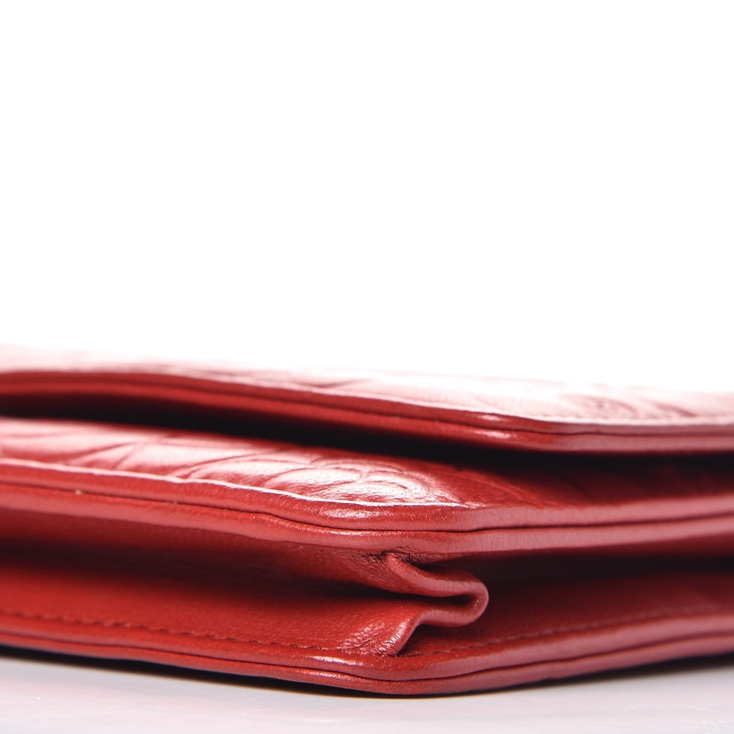 Lambskin Camellia Embossed Wallet On Chain WOC Dark Red
