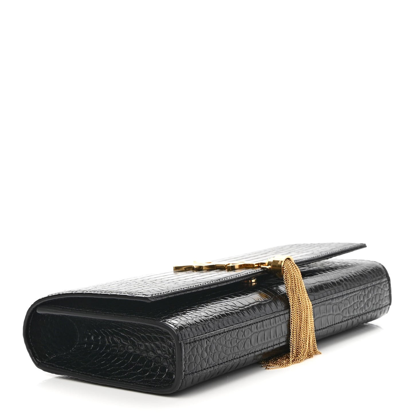 Calfskin Crocodile Embossed Classic Monogram Tassel Clutch Black
