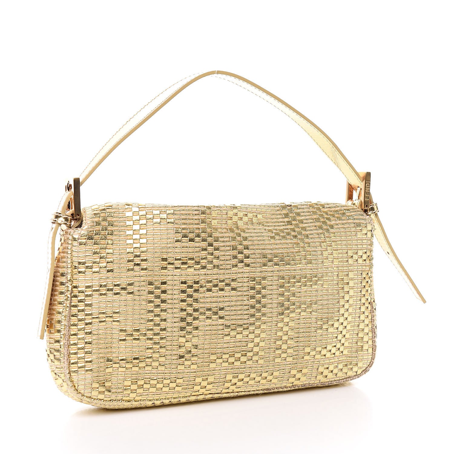 Fendi Canvas Metallic Calfskin Woven FF Baguette Gold 3 of 14
