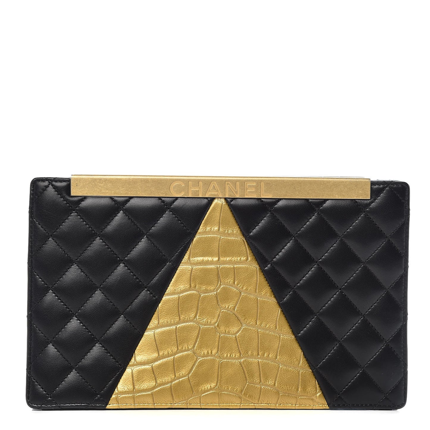 Lambskin Metallic Calfskin Crocodile Embossed Clutch Black Gold
