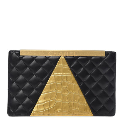 Chanel Lambskin Metallic Calfskin Crocodile Embossed Clutch Black Gold 1 of 9