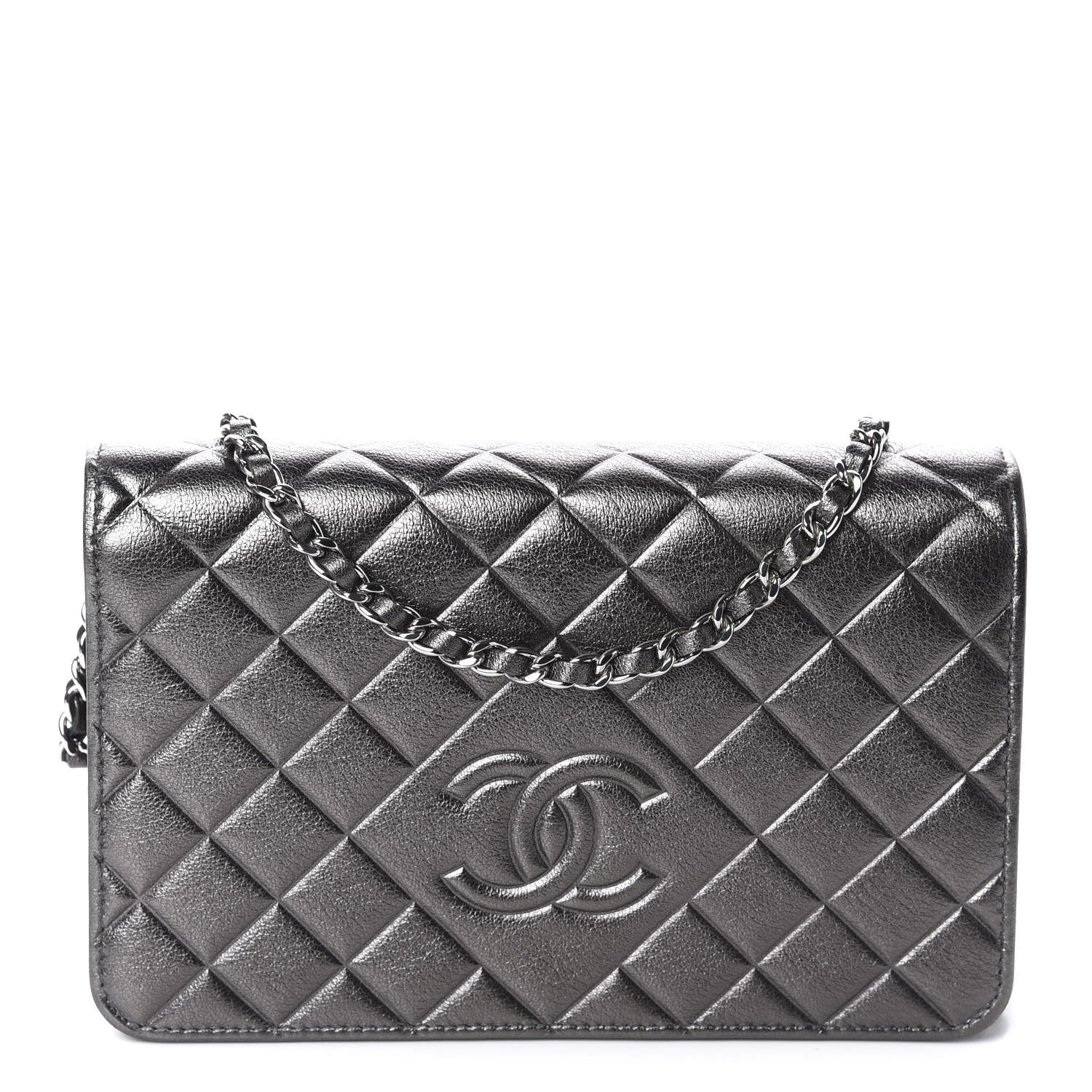 Chanel Metallic Goatskin Quilted Diamond CC Wallet On Chain WOC Pewter 1 of 12