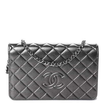 Chanel Metallic Goatskin Quilted Diamond CC Wallet On Chain WOC Pewter 1 of 12