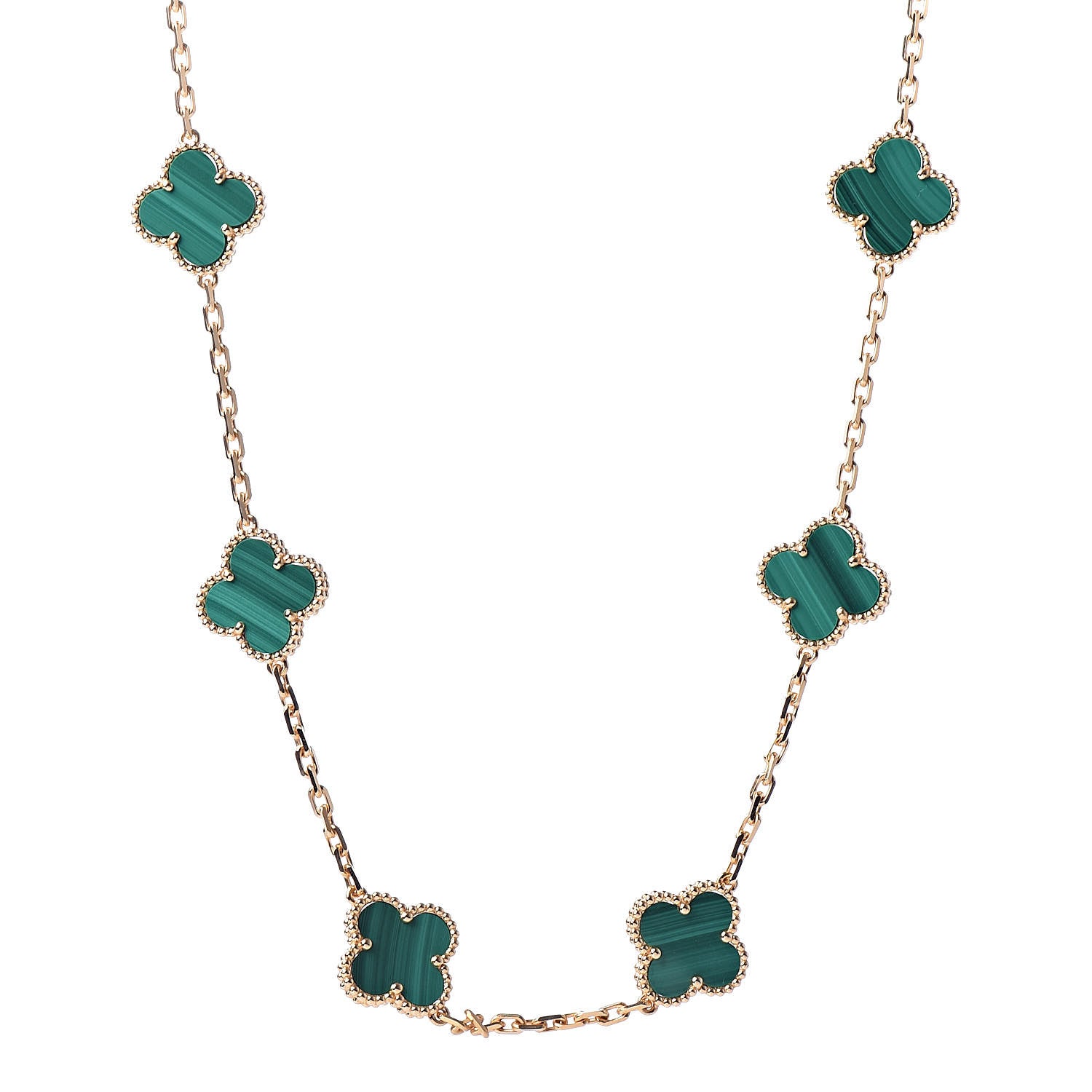 Van Cleef & Arpels 18K Yellow Gold Malachite 10 Motifs Vintage Alhambra Necklace 1 of 7