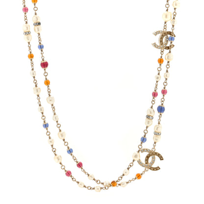 Chanel Pearl Crystal Resin CC Beaded Long Necklace Gold Pearly Gold Multicolor 1 of 4