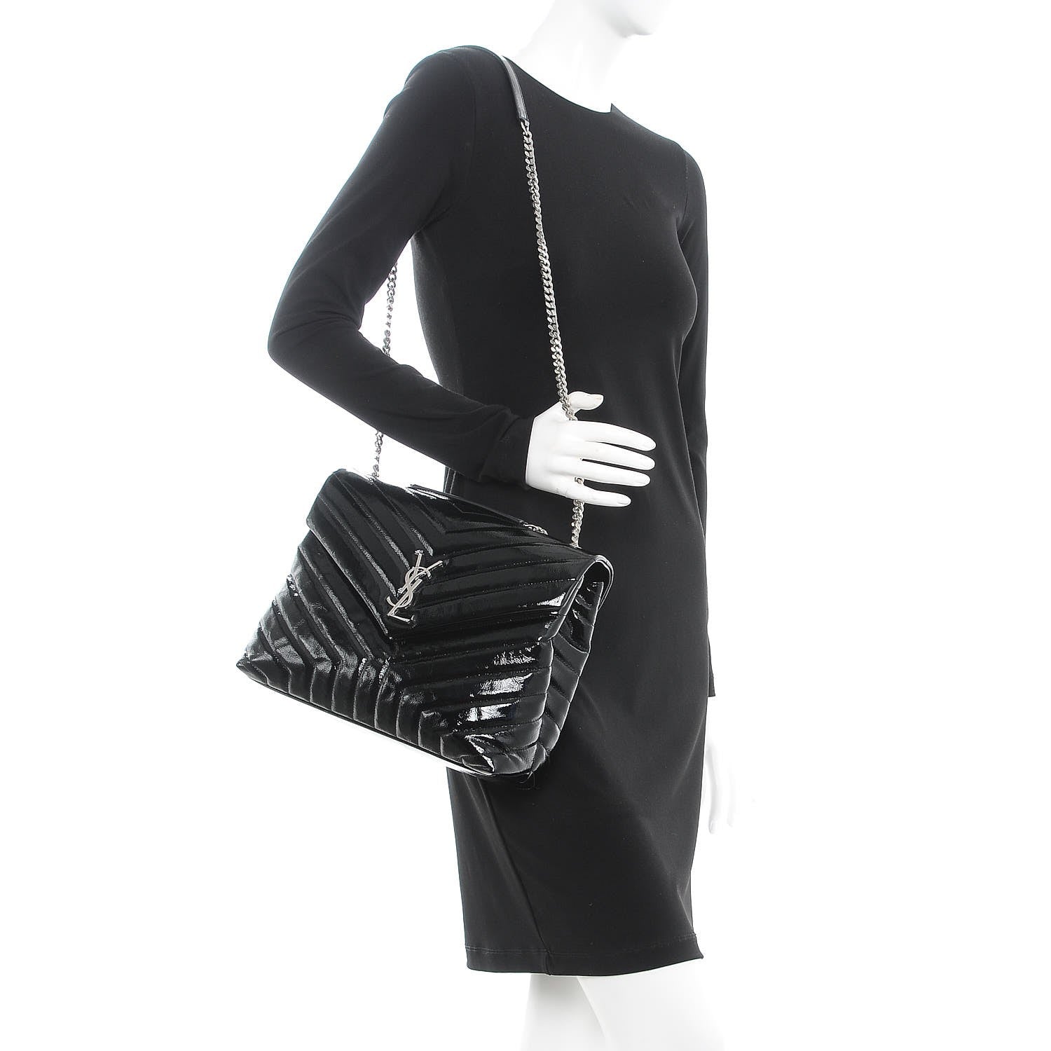 Saint Laurent Patent Y Quilted Monogram Medium Loulou Chain Satchel Black 3 of 9