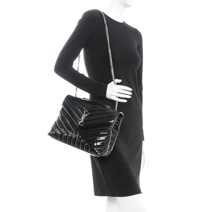 Saint Laurent Patent Y Quilted Monogram Medium Loulou Chain Satchel Black 3 of 9