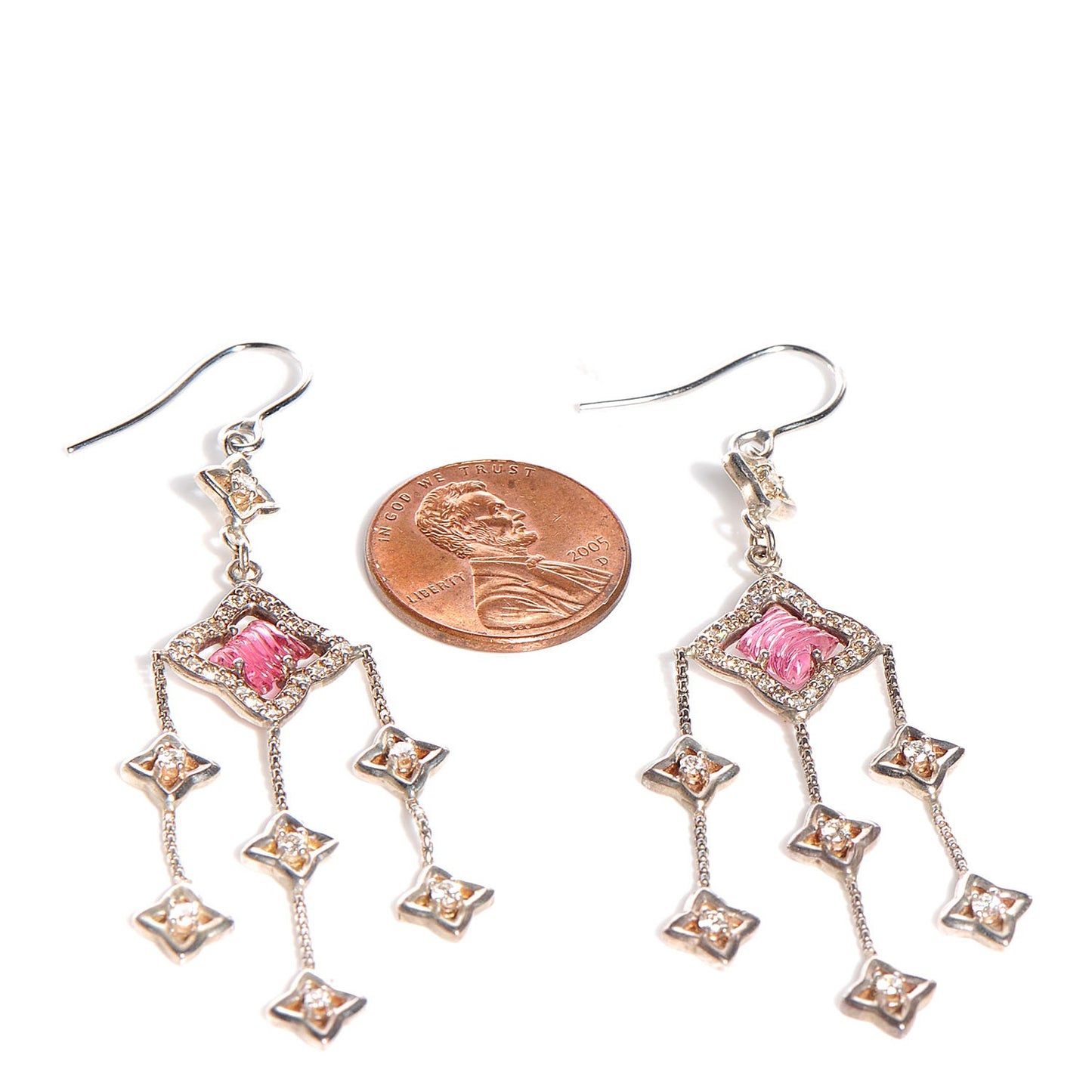Sterling Silver Diamond Pink Tourmaline Quatrefoil Chandelier Earrings