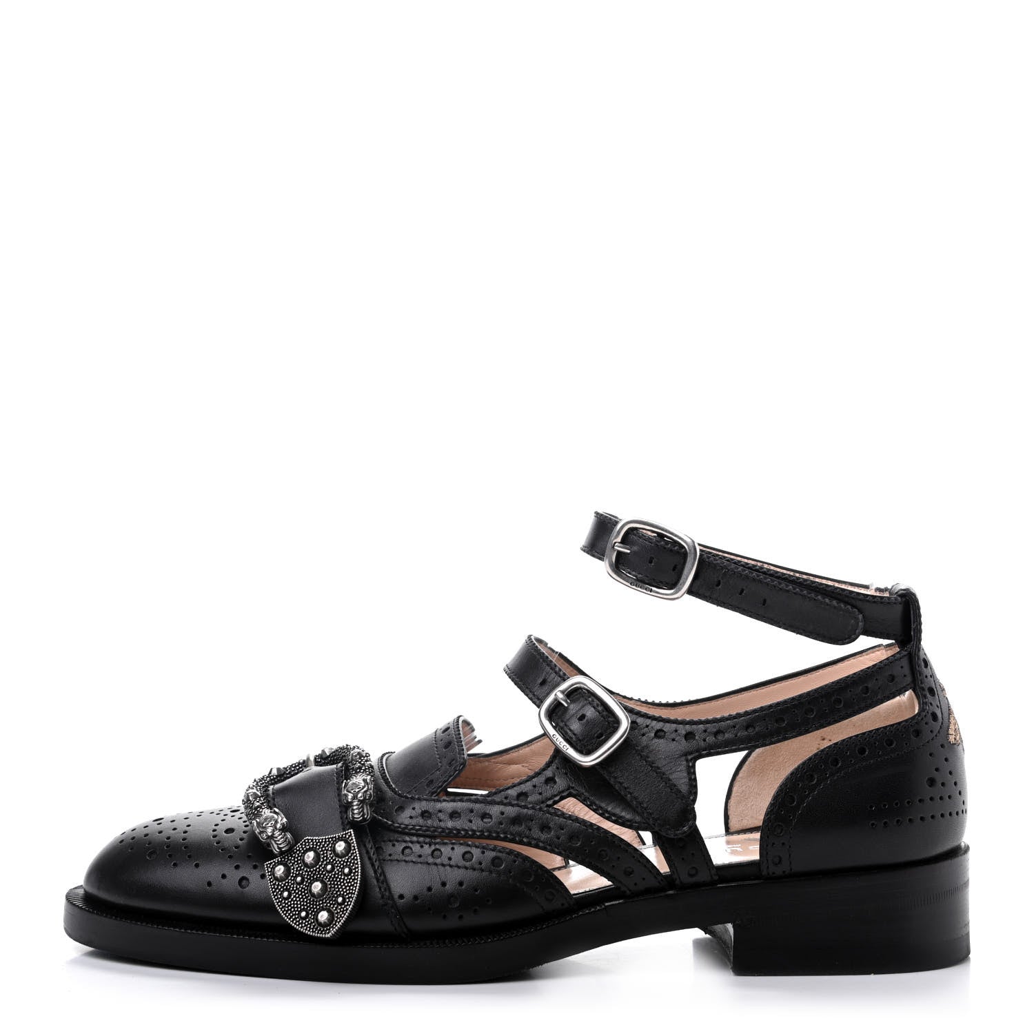 Gucci Calfskin Bee Embroidered Womens Queercore Brogue Wingtip Monk Strap Loafers 39 Black 1 of 13