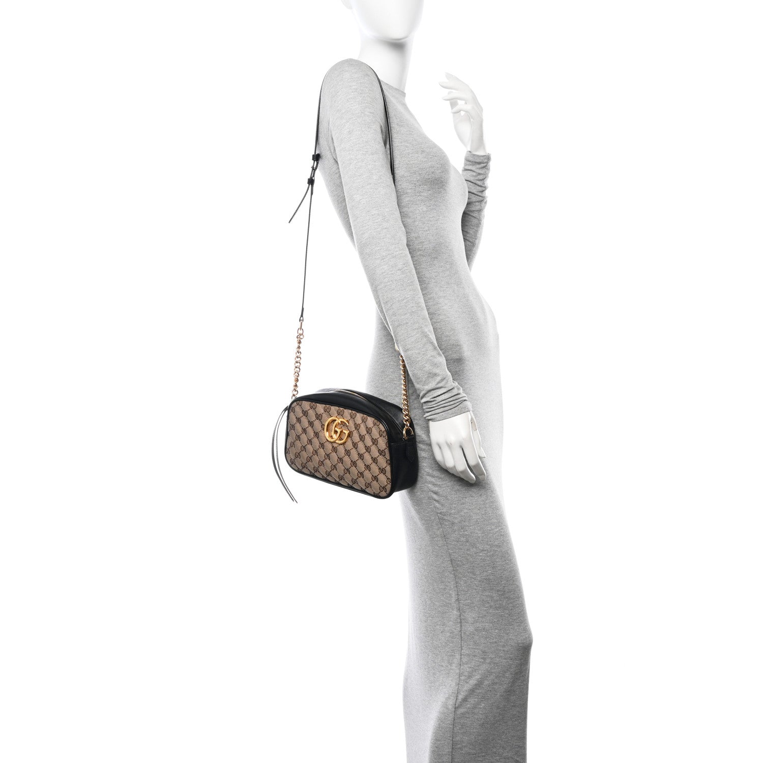 Gucci Monogram Matelasse Diagonal Small GG Marmont Chain Shoulder Bag Beige Black 2 of 13