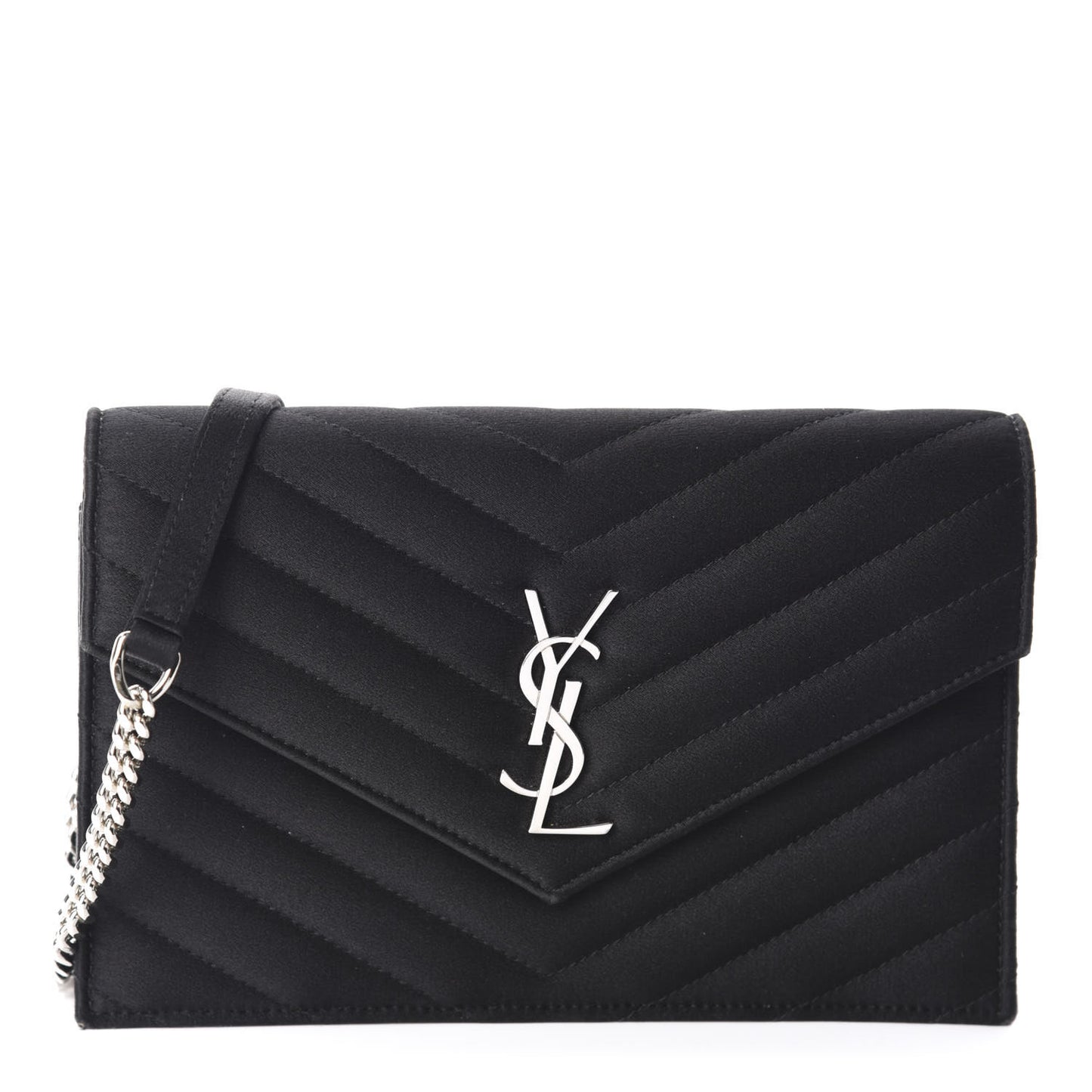 Satin Chevron Monogram Envelope Chain Wallet Black