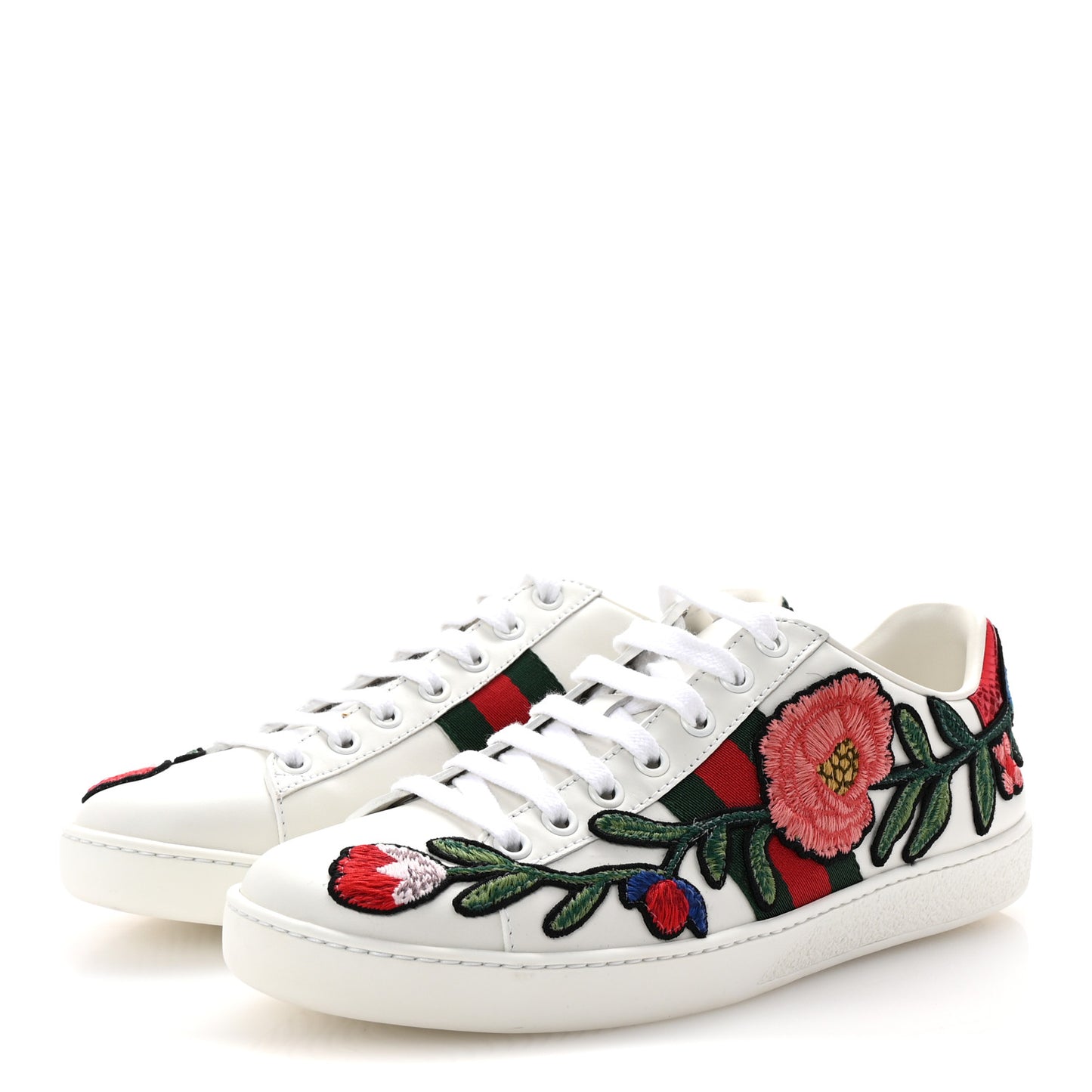 Calfskin Web Floral Embroidered Womens Ace Sneakers 37 White