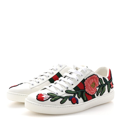Gucci Calfskin Web Floral Embroidered Womens Ace Sneakers 37 White 4 of 10