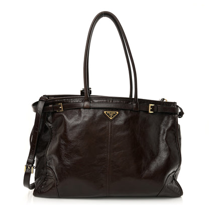 Prada Glossy Calfskin Triangle Extra Large Bonnie Shoulder Bag Dark Brown 1 of 10