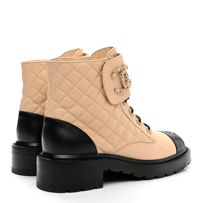 Chanel Lambskin Calfskin Quilted Lace Up Combat Boots 41 Beige Black 4 of 16