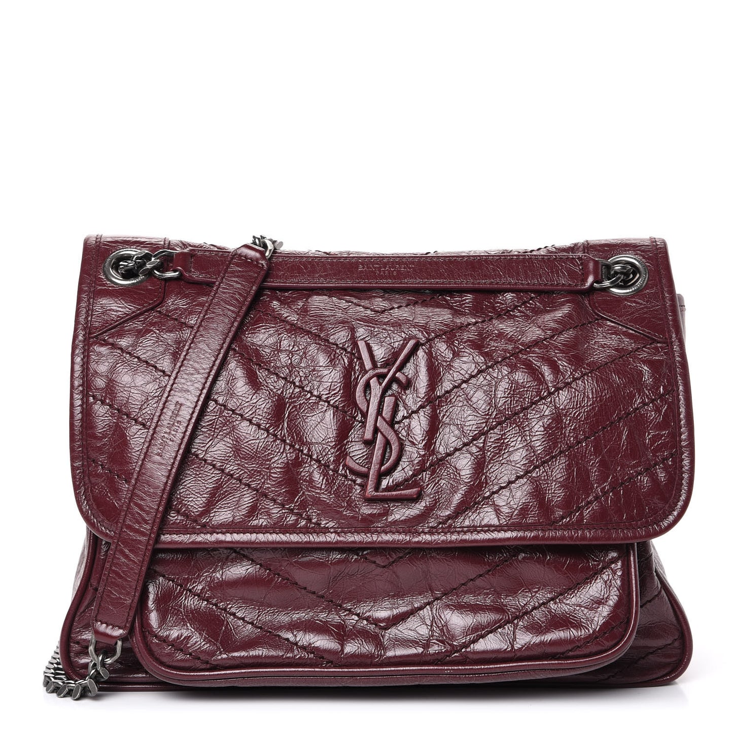Crinkled Calfskin Matelasse Monogram Medium Niki Chain Satchel Burgundy