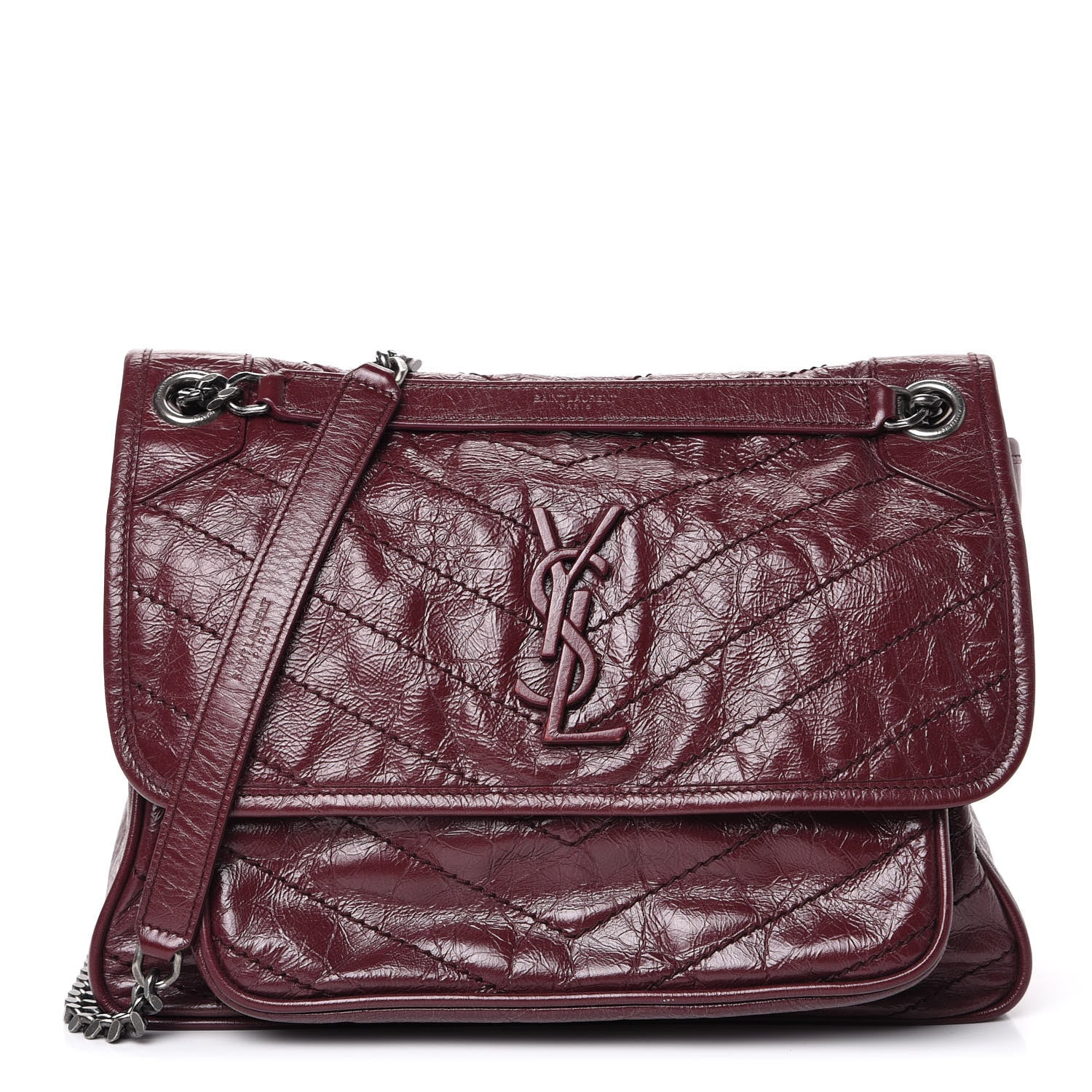 Saint Laurent Crinkled Calfskin Matelasse Monogram Medium Niki Chain Satchel Burgundy 1 of 14