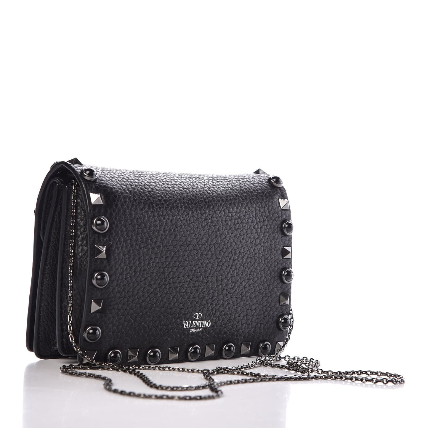 Grained Calfskin Onyx Rockstud Rolling Wallet on Chain Black