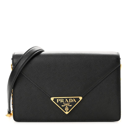 Prada Saffiano Lux Metal Triangle Logo Mini Envelope Chain Shoulder Bag Black 1 of 8