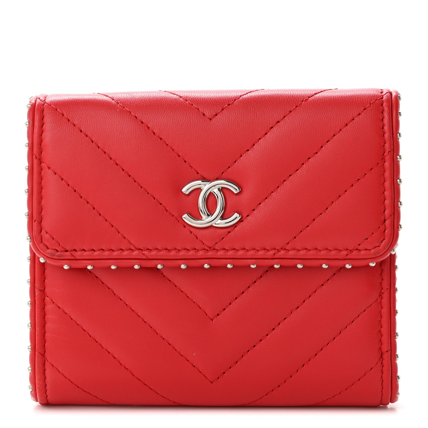 Chanel Lambskin Chevron Quilted Studded Compact Flap Wallet Red 1 of 14