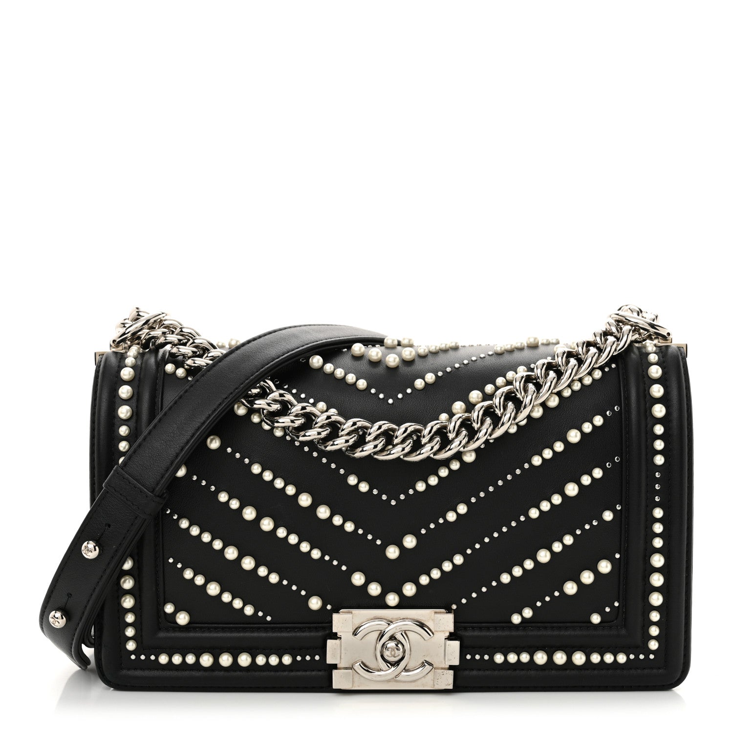 Chanel Calfskin Pearl Chevron Medium Boy Flap Black 1 of 12