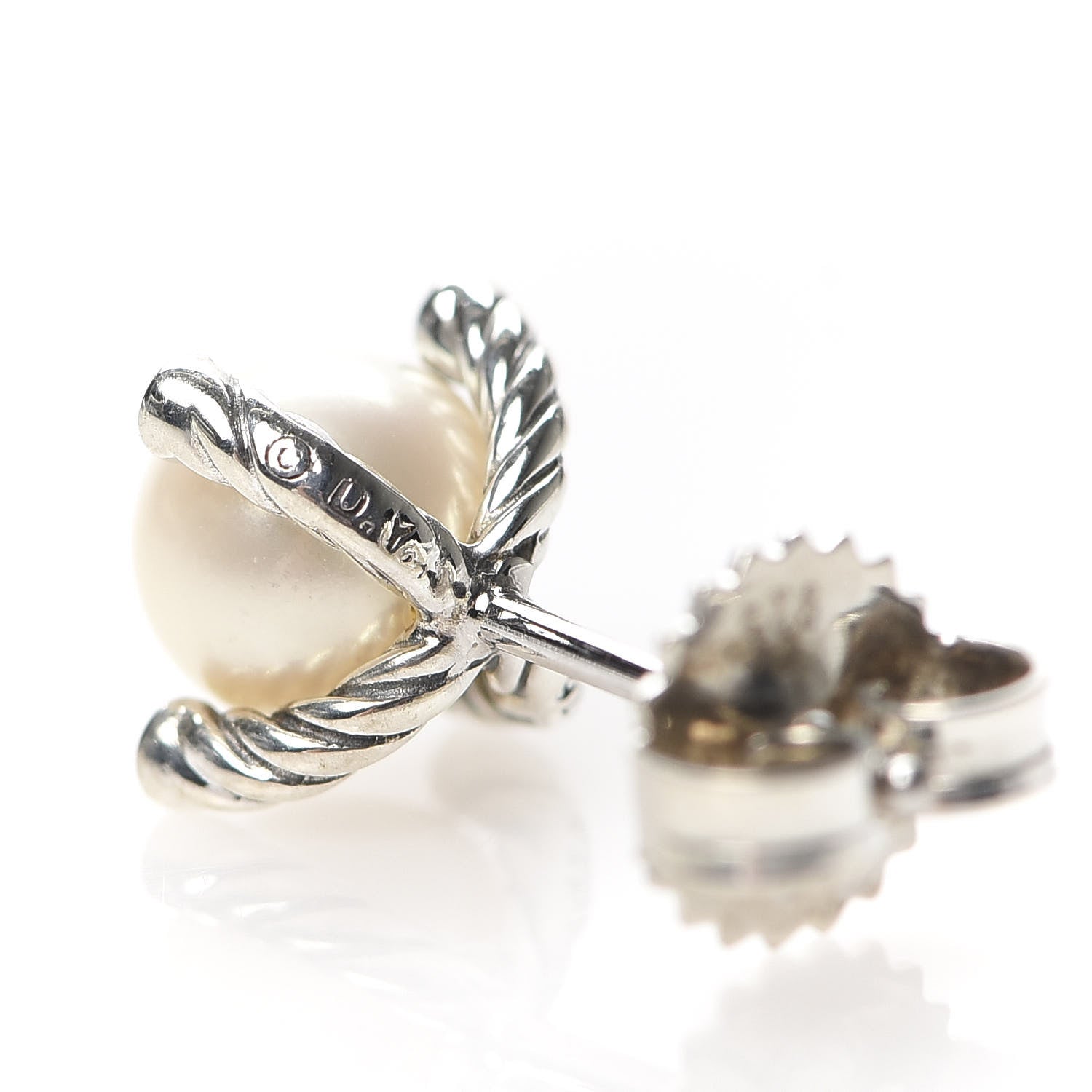 David Yurman Sterling Silver Diamond Pearl 7mm Earrings 4 of 4