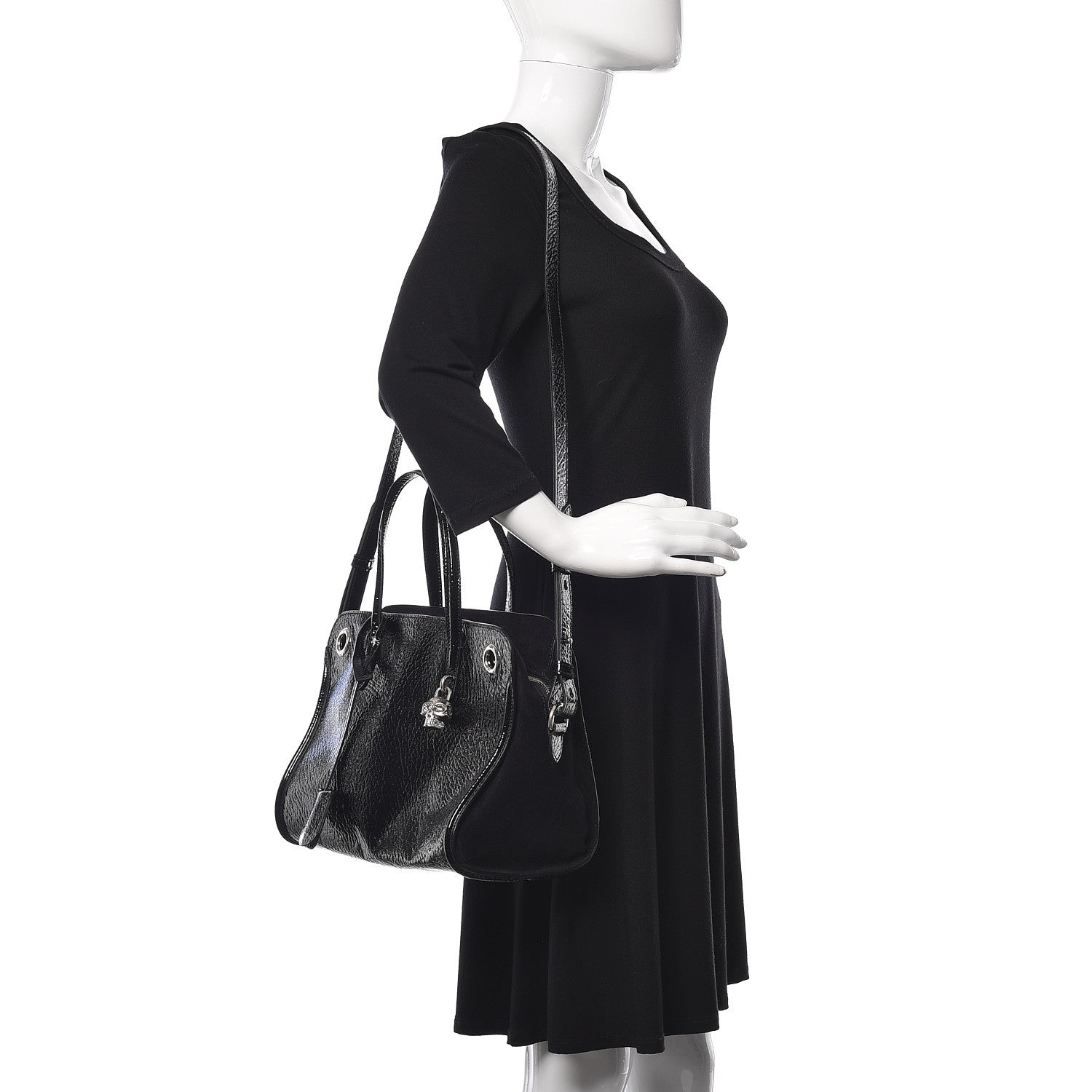 Alexander McQueen Patent Small Eyelet Padlock Skull Tote Black 2 of 10