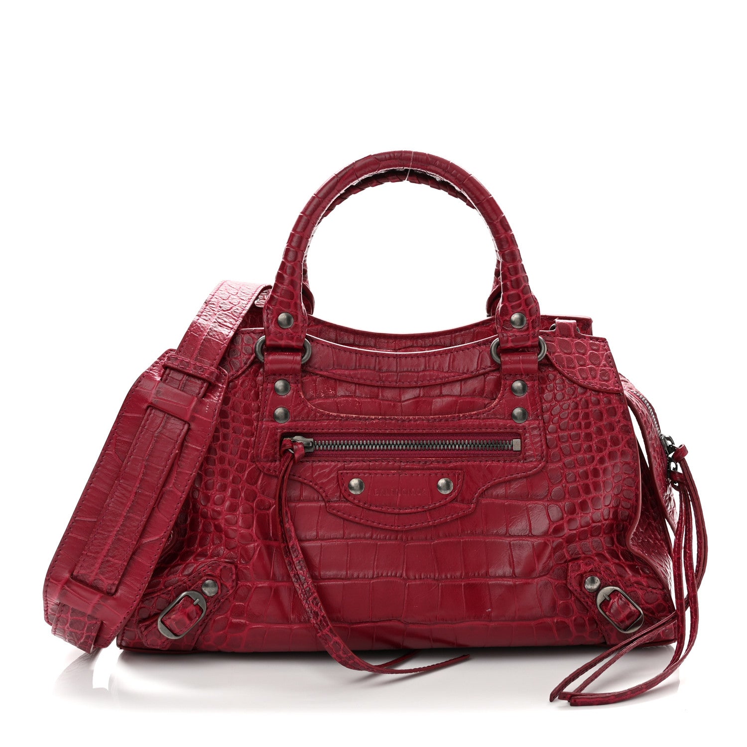 Balenciaga Calfskin Crocodile Embossed Neo Classic Silver Hardware S City Raspberry 1 of 12