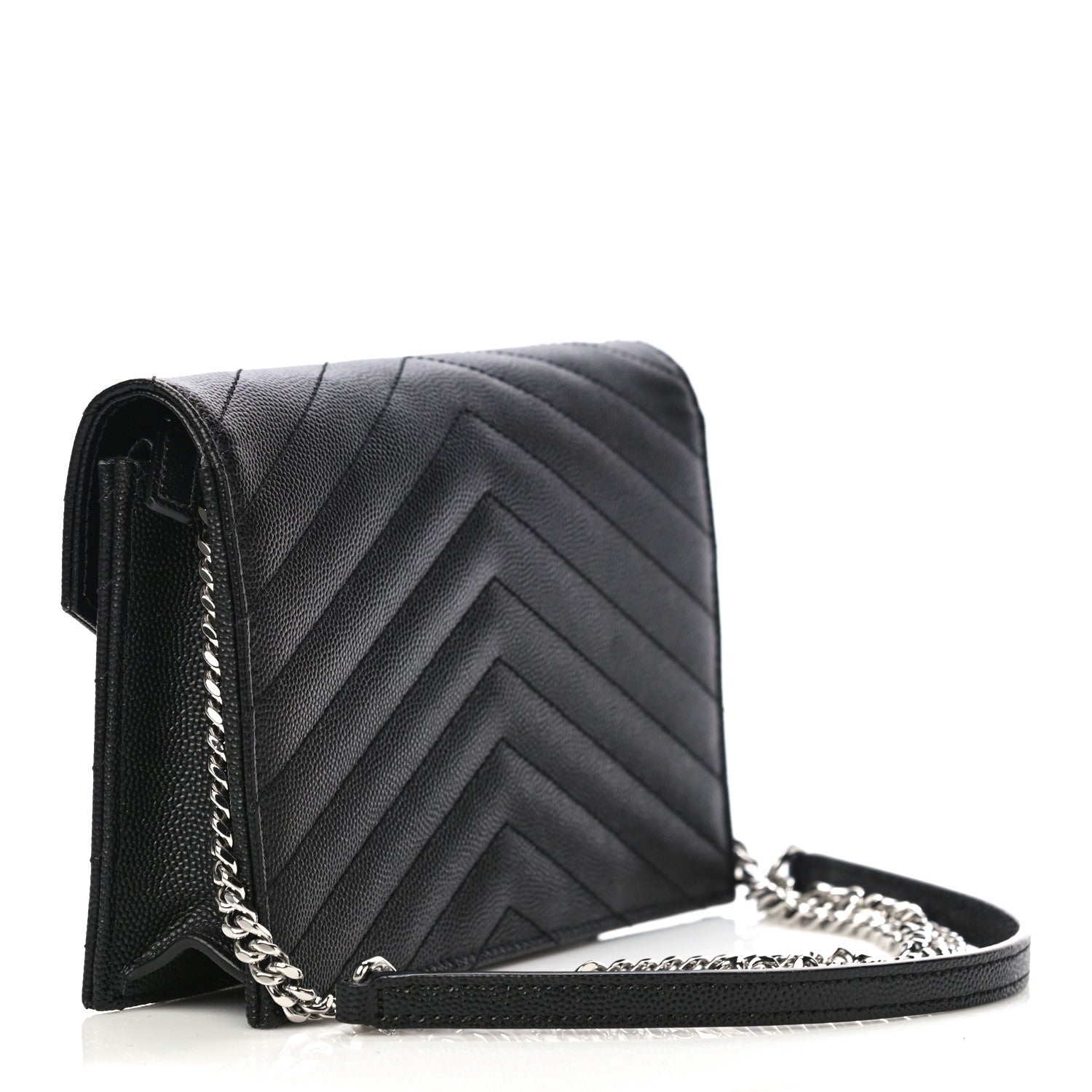 Saint Laurent Grain De Poudre Matelasse Chevron Monogram Envelope Chain Wallet Black 3 of 11