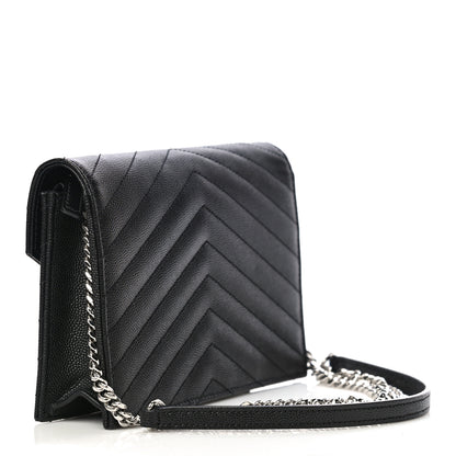 Saint Laurent Grain De Poudre Matelasse Chevron Monogram Envelope Chain Wallet Black 3 of 11