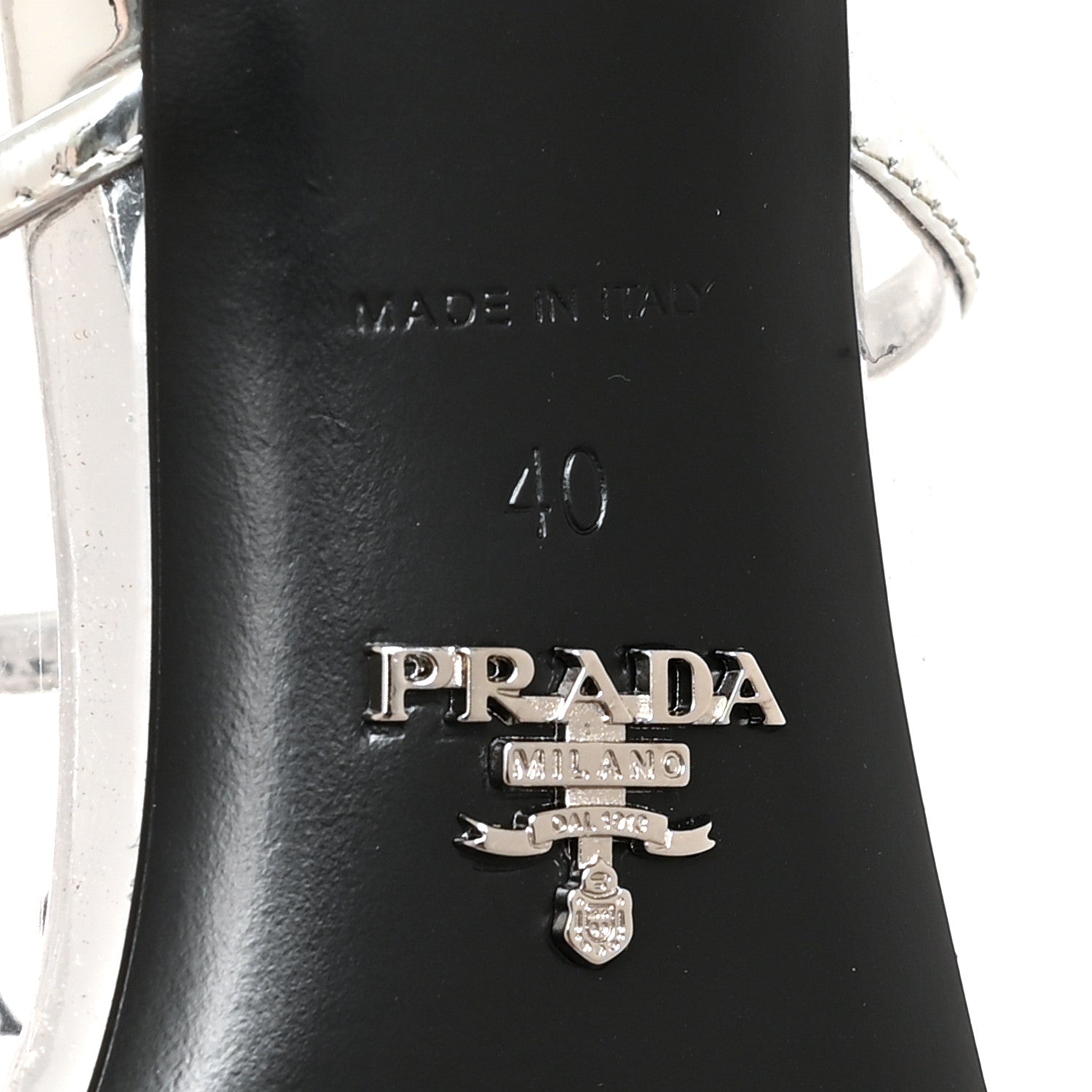 Prada Plexiglass Metallic Calfskin Metal Triangle Logo 75mm Slide Sandals 40 Argento 7 of 7