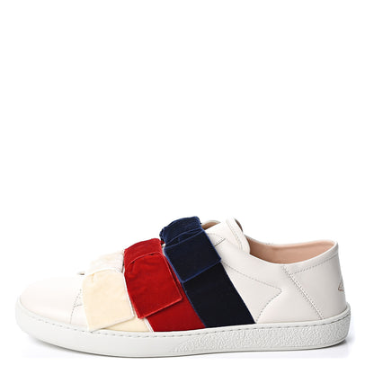 Gucci Calfskin Velvet Womens Bow Ace Sneakers 38.5 White 1 of 11
