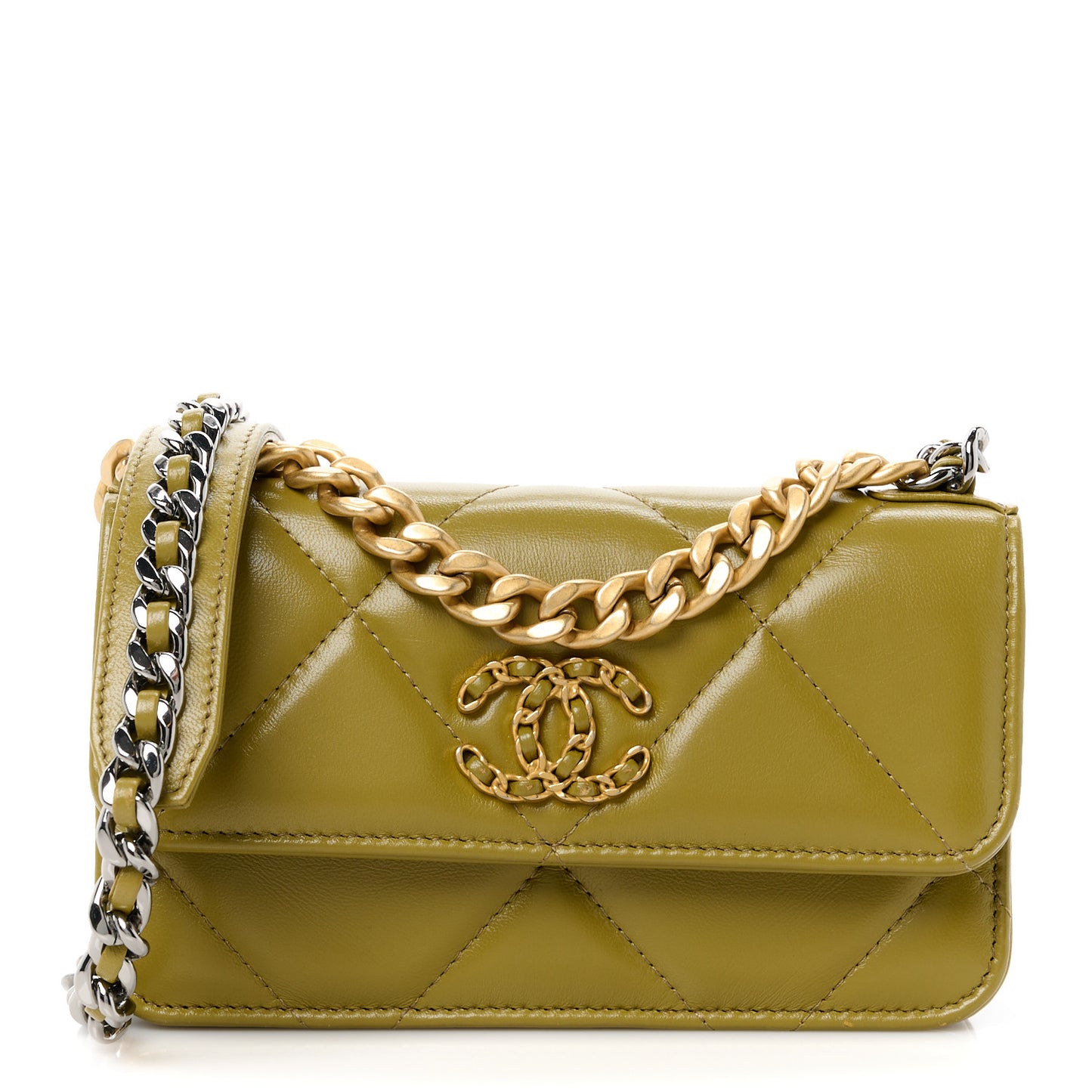 Lambskin Quilted Chanel 19 Flap Phone Holder With Chain Green