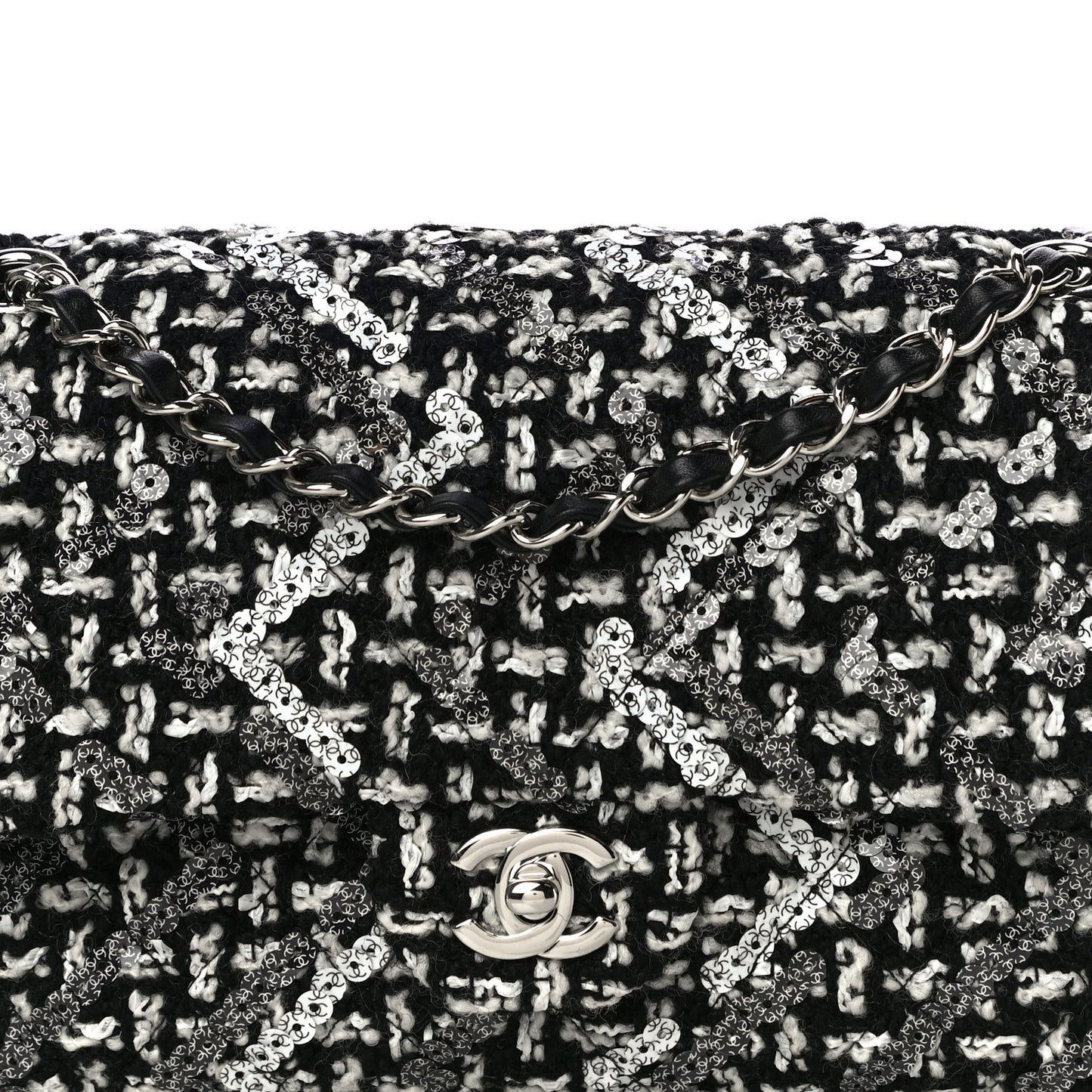 Tweed Sequin Quilted Medium Double Flap Black White
