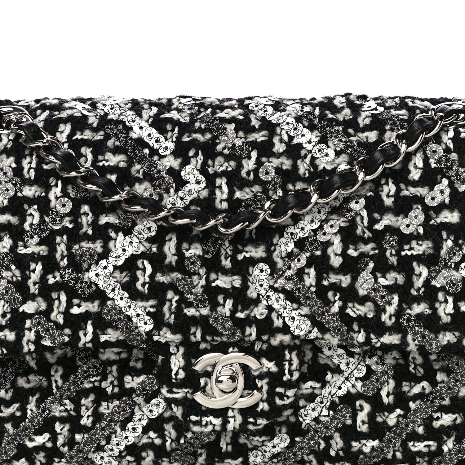 Chanel Tweed Sequin Quilted Medium Double Flap Black White 8 of 12
