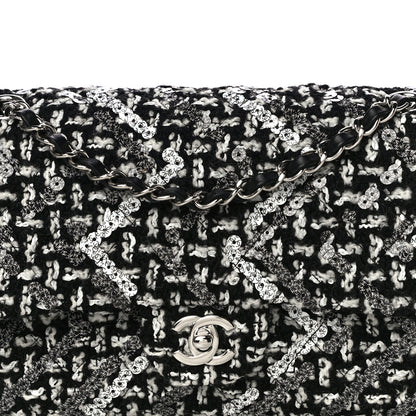 Chanel Tweed Sequin Quilted Medium Double Flap Black White 8 of 12