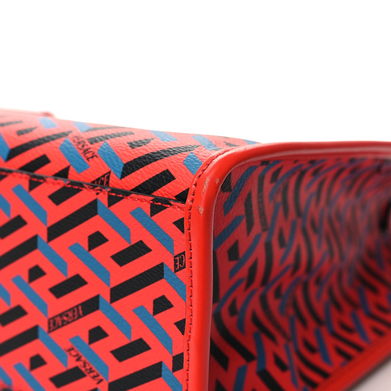 Versace Coated Canvas Calfskin La Greca Signature Tote Bag Blue Red 11 of 11