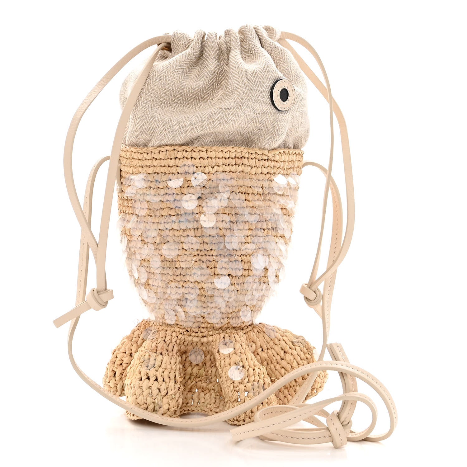 Loewe Raffia Canvas Sequin Paula's Ibiza Fish Pouch Natural Ivory 3 of 13