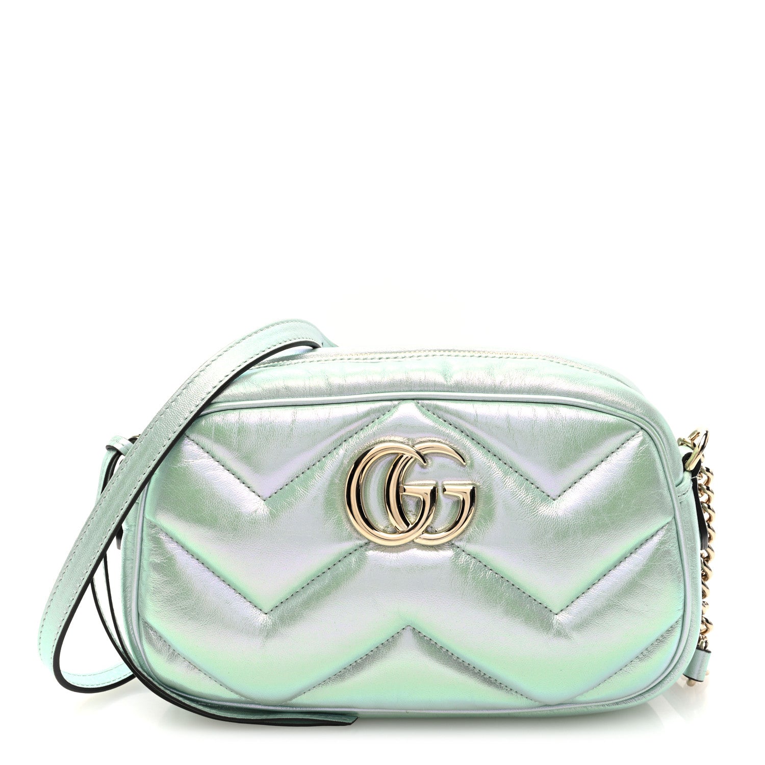 Gucci Iridescent Nappa Chevron Matelasse Small GG Marmont Chain Shoulder Bag Iridescent Salvy Green 1 of 9