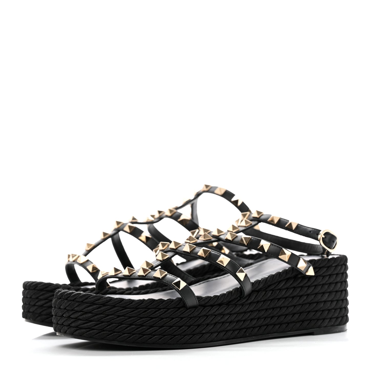 Calfskin Rockstud Ankle Strap Torchon Espadrille Caged 30/55mm Sandals 39 Black
