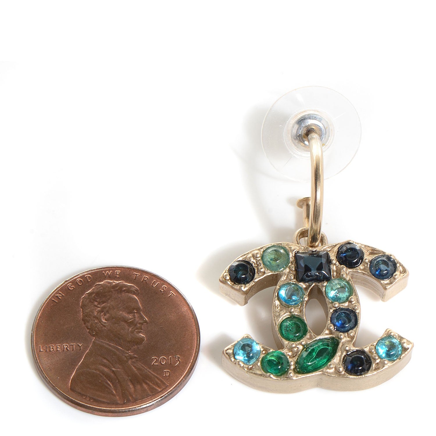 Chanel Crystal CC Dangle Earrings Dark Blue Gold 2 of 5