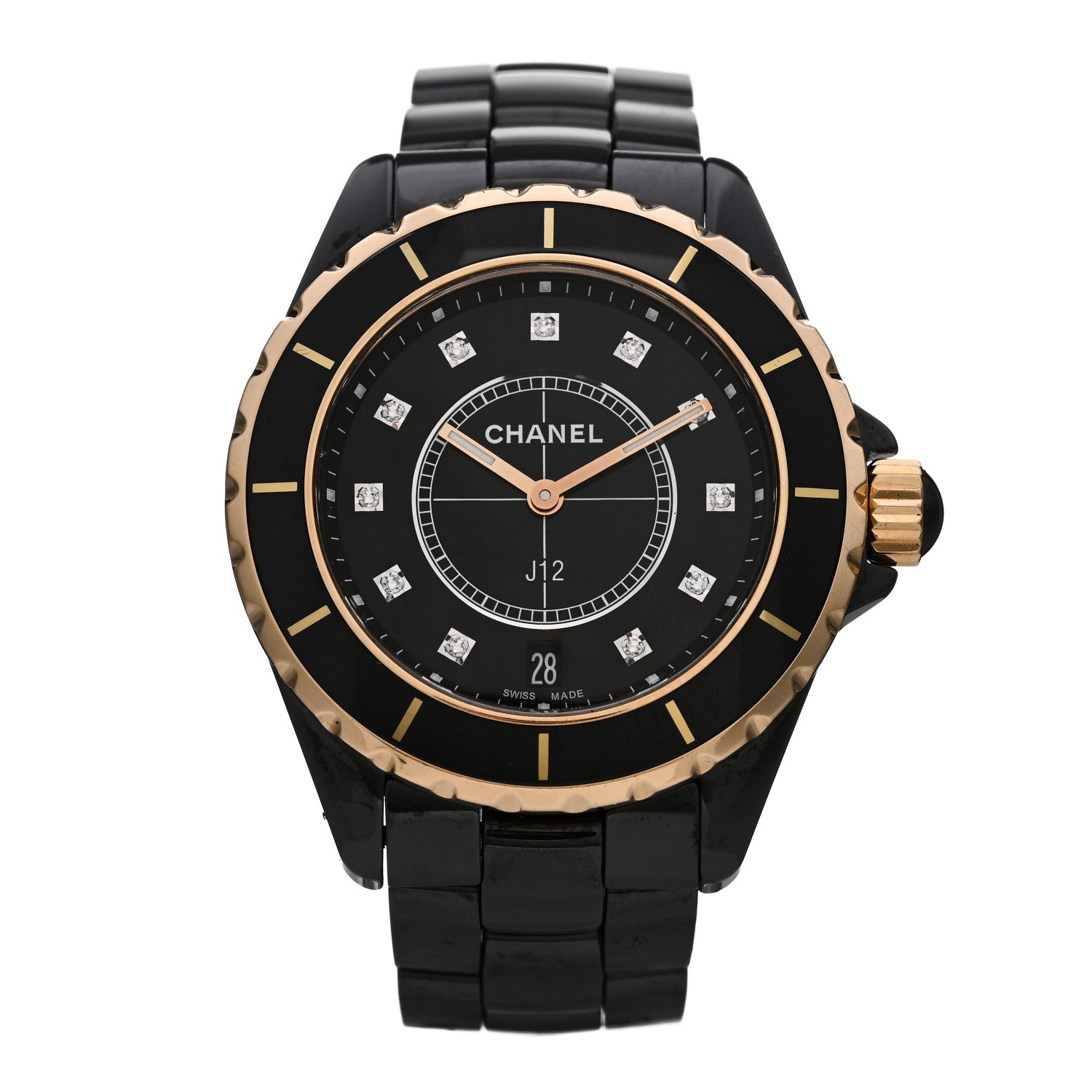 Chanel Stainless Steel 18K Yellow Gold Ceramic Diamond 38mm J12 Quartz Watch Black 1 of 5