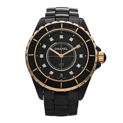 Chanel Stainless Steel 18K Yellow Gold Ceramic Diamond 38mm J12 Quartz Watch Black 1 of 5